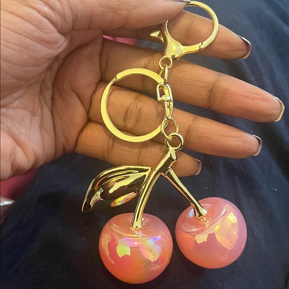 Handbags - pink iridescent Cherry Keychain with Gold Accents